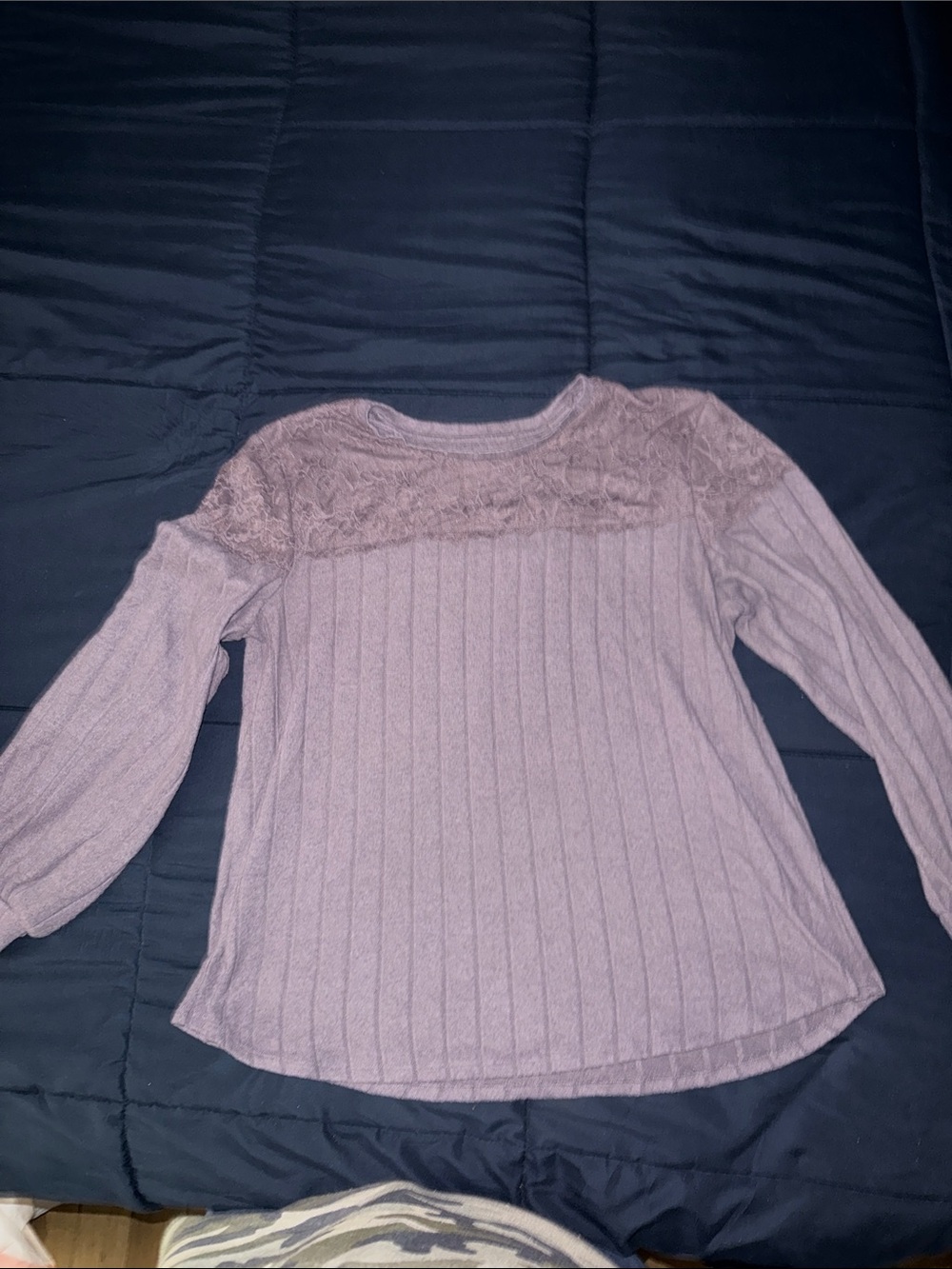 Maurices Mauve Lace Yoke Ribbed Long Sleeve Top